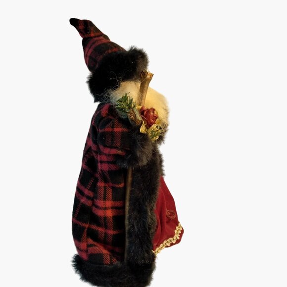 Santa Claus Figure Tree Topper Red Plaid Coat Faux Fur Brocade Trim Wood Scepter - Picture 5 of 9